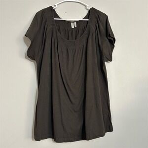 Madison Women's Plus 2XL Brown Boho Smocked Neck Short Sleeve Blouse